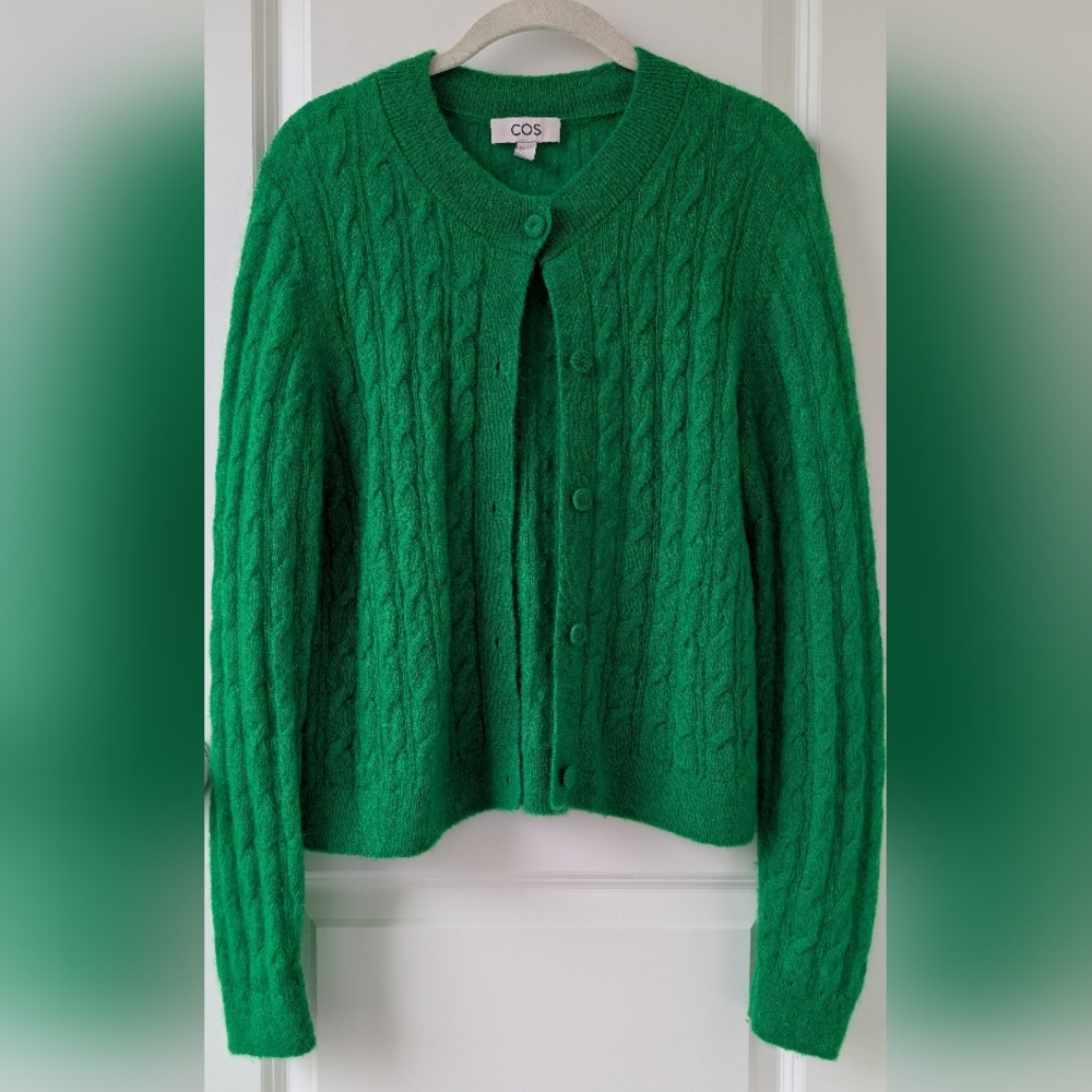 COS Green Cable Knit Cardigan Sweater